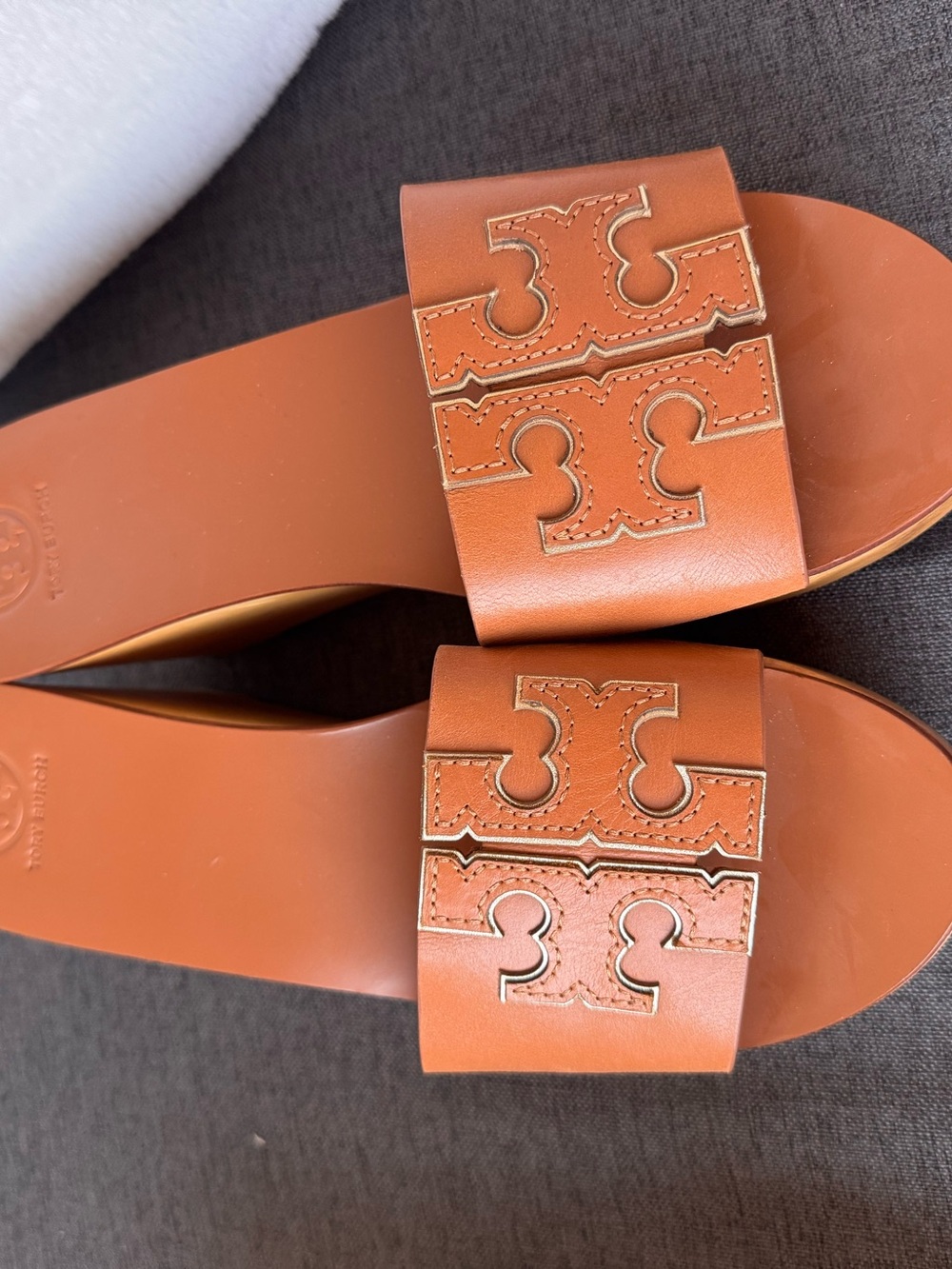 Tory Burch Cognac Leather Logo Slide Sandals